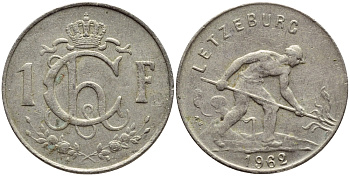 Люксембург 1 франк 1962 сталевар KM 46.2 медно-никель 4398-832