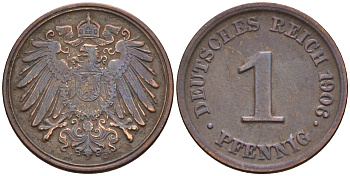 Германия 1 пфенниг 1906 J KM 10, J. 10 медь 4594-1246