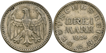 Германия 3 марки 1924 G, Веймарская Республика Weege 19, J. 312, KM 43 серебро 11-256-42