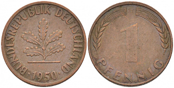 ФРГ 1 ПФЕННИГ 1950 J KM 105, J.380 сталь плакированная медью 112-924