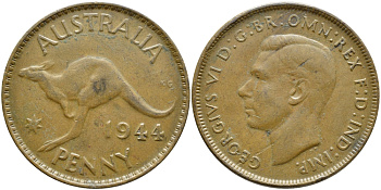 АВСТРАЛИЯ 1 ПЕННИ 1944 p, ГЕОРГ VI (1936-1952), КЕНГУРУ KM 36 бронза 4394-344