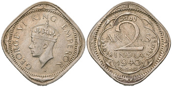 Британская Индия 2 анны 1940 Георг VI (1936-1952), точка - Бомбей KM 541 медно-никель 4615-249