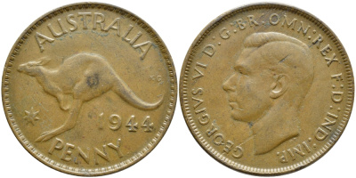 АВСТРАЛИЯ 1 ПЕННИ 1944 p, ГЕОРГ VI (1936-1952), КЕНГУРУ KM 36 бронза 4394-344