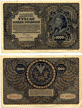 ПОЛЬША 1000 МАРОК 1919 23 АВГУСТА 1919, ТАДЕУШ КОСТЮШКО, III СЕРИЯ М, №497010 Pick 29 бумага 8616-49-1-1