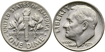 США 10 ЦЕНТОВ = 1 ДАЙМ 1975 РУЗВЕЛЬТ KM 195а медь плакированная медно-никелем 54-767