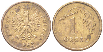 Польша 1 грош 1993 Y 276 марганец латунь 4614-565