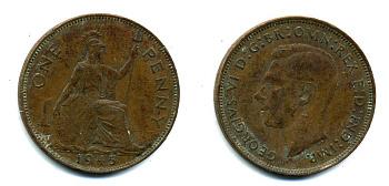 Великобритания 1 пенни 1945 Георг VI (1936-1952) KM 845, Spink 4114 бронза 37-635