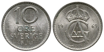 Швеция 10 эре 1969 U Густав VI Адольф (1950-1973) KM 835 медно-никель UNC 57-1268