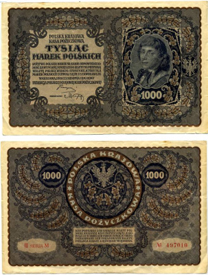 ПОЛЬША 1000 МАРОК 1919 23 АВГУСТА 1919, ТАДЕУШ КОСТЮШКО, III СЕРИЯ М, №497010 Pick 29 бумага 8616-49-1-1