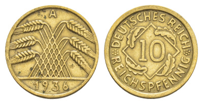 Германия 10 рейхспфеннигов 1936 A KM 40, J. 317 алюминиевая бронза 4549-939