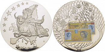 НИДЕРЛАНДЫ МЕДАЛЬ 2002 ПОХИЩЕНИЕ ЕВРОПЫ, КУПЮРА 200 ЕВРО ЕВРОПРОБА, СЕРЕБРЕНИЕ, ЦВЕТНАЯ ЭМАЛЬ, ДИАМЕТР 50 ММ. ВЕС 54 ГР. медно-никель PROOF 01-232-23