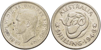 Австралия 1 шиллинг 1946 p, Георг VI (1937-1952), овца меринос KM 39а серебро 4514-1031