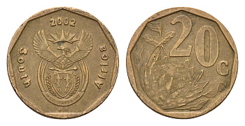 ЮАР 20 центов 2002 герб, цветок протея KM 270 сталь плакированная бронзой 4687-546