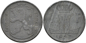 Бельгия 1 франк 1942 BELGIQUE-BELGIE KM 127 цинк 4116-1111