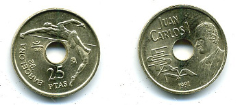 Испания 25 песет 1991 Олимпийские игры в Барселоне 1992 года, прыжки в высоту, Хуан Карлос I (1975-2014) KM 851 никель бронза 51-5236