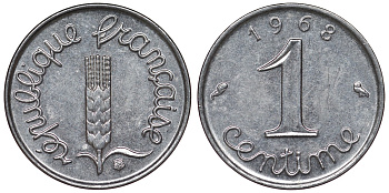 Франция 1 сантим 1968 пятая республика KM 928, Le Franc 106.15 нержавеющая сталь 4124-417