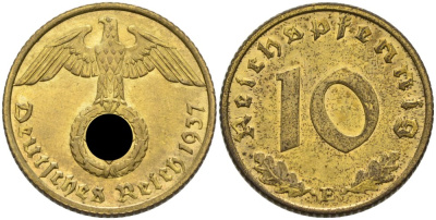 Германия 10 рейхспфеннигов 1937 E KM 92, J. 364 алюминиевая бронза 4575-544