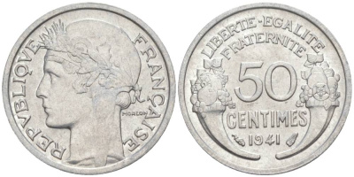 ФРАНЦИЯ 50 САНТИМОВ 1941 ТИП MORLON LOURDE KM 894.1a, LE FRANC 193.2 алюминий 44-268