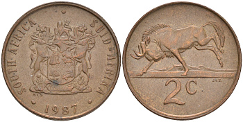 ЮАР 2 цента 1987 герб, антилопа гну KM 83 бронза 4561-731