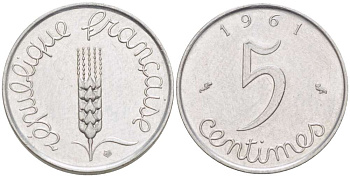 ФРАНЦИЯ 5 САНТИМОВ 1961 ПЯТАЯ РЕСПУБЛИКА KM 927, LE FRANC 124.3 нержавеющая сталь 4516-819