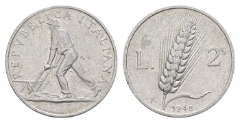 Италия 2 лиры 1948 KM 88 алюминий 4637-454