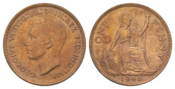 Великобритания 1 пенни 1946 Георг VI (1936-1952) KM 845, Spink 4114 бронза 4179-136