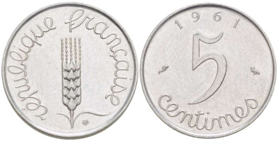 ФРАНЦИЯ 5 САНТИМОВ 1961 ПЯТАЯ РЕСПУБЛИКА KM 927, LE FRANC 124.3 нержавеющая сталь 4516-819