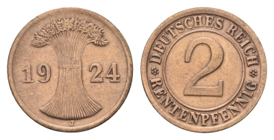Германия 2 рентенпфеннига 1924 J KM 31, J. 307 бронза 4630-1249