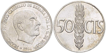 Испания 50 сентимо 1966 (68) Франсиско Франко (1939-1975) KM 795 алюминий 4523-845