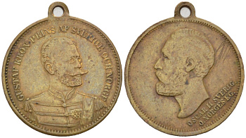 ШВЕЦИЯ МЕДАЛЬ ND КРОНПРИНЦ ШВЕЦИИ И НОРВЕГИИ ГУСТАВ АДОЛЬФ, КОРОЛЬ ОСКАР II, С КОЛЬЦОМ ДЛЯ НОШЕНИЯ, ДИАМЕТР 22 ММ., ВЕС 2,72 ГР. бронза 4536-323