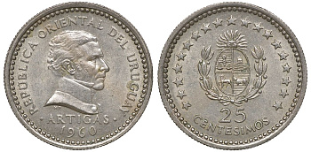 Уругвай 25 сентесимо 1960 KM 40 медно-никель 4169-842