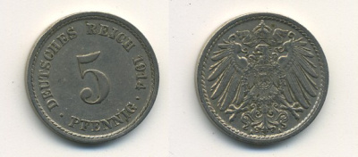 ГЕРМАНИЯ 5 ПФЕННИГОВ 1914 A, KM 11, J. 12 медно-никель 54-718