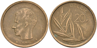 Бельгия 20 франков 1980 Belgie, Бодуэн I (1951-1993) KM 160 никель бронза 4126-224