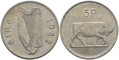 ИРЛАНДИЯ 5 ПЕНСОВ 1982 БЫК KM 22 медно-никель 261-326