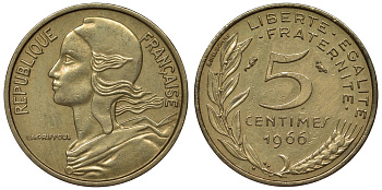 Франция 5 сантимов 1966 тип Marianne KM 933, Le Franc 125.2 медь алюминий никель 4124-329