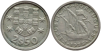 ПОРТУГАЛИЯ 2,5 ЭСКУДО 1975 ПАРУСНИК KM 590 медно-никель 4396-147
