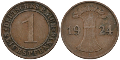 Германия 1 рейхспфенниг 1924 J KM 37, J. 313 бронза 4516-259