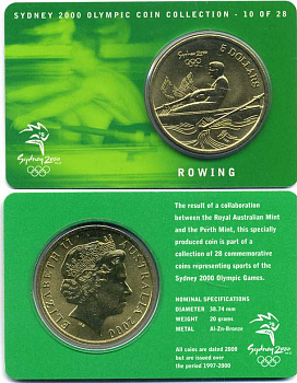 Австралия 5 долларов 2000 Олимпийские игры в Сиднее 2000 года, гребля, Елизавета II (1953-), в оригинальном картонном буклете KM алюминиевая бронза UNC 5-6-3-56