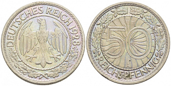 Германия 50 рейхспфеннигов 1928 A KM 49, J.324 никель 3996-1216