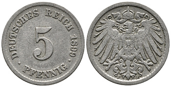ГЕРМАНИЯ 5 ПФЕННИГОВ 1899 F KM 11, J. 12 медно-никель 39-739