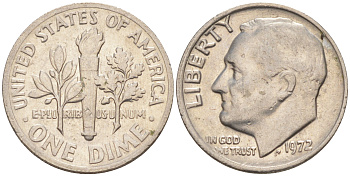 США 10 ЦЕНТОВ = 1 ДАЙМ 1972 РУЗВЕЛЬТ KM 195a медь плакированная медно-никелем 187-1048