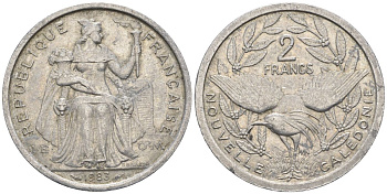 Французская Новая Каледония 2 франка 1983 птица кагу, (IEOM) KM 14, Schoen 11, Lec 63 алюминий    27-855