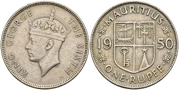 Маврикий 1 рупия 1950 Георг VI (1936-1952) KM 29.1 медно-никель    4599-1034