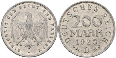Германия 200 марок 1923 D KM 35, J. 304 алюминий 4595-243