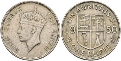 Маврикий 1 рупия 1950 Георг VI (1936-1952) KM 29.1 медно-никель    4599-1034