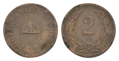 Венгрия 2 филлера 1906 KB, Франц Иосиф I (1848-1916) KM 481 бронза 4516-1058