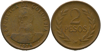 Колумбия 2 песо 1978 KM 263 бронза 4538-134