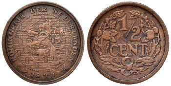 Нидерланды 1/2 цента 1922 Вильгельмина (1890-1948) KM 138 бронза 4115-331