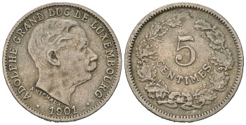 Люксембург 5 сантимов 1901 Адольф (1890-1905) KM 24 никель 4615-515