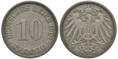 Германия 10 пфеннигов 1901 A KM 12, Jager 13, Weege 8 медно-никель 219-336